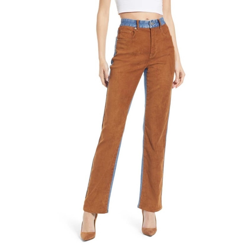 Nwt Good American Icon Mixed Media Denim & Faux Suede Pants In Indigo Western